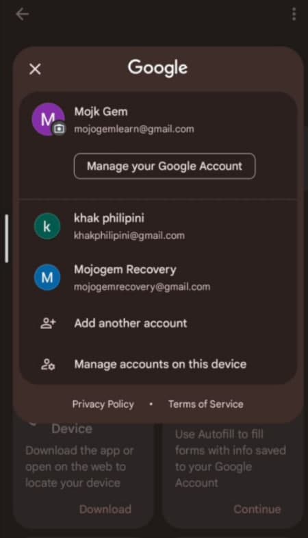 مدیریت حساب گوگل