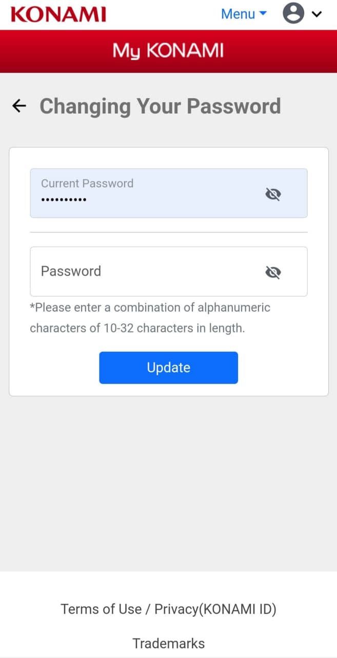 رمز جدید را وارد کنید و گزینه UPDATE را بزنید